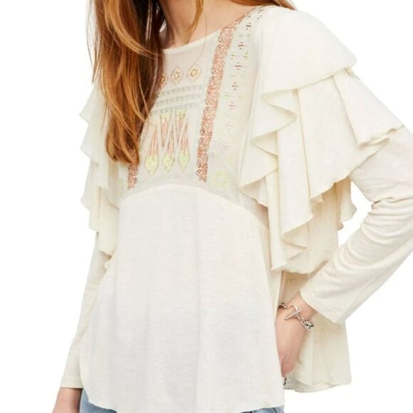 Free People urban outfitters Beige Embroidered Top Small - Picture 12 of 13